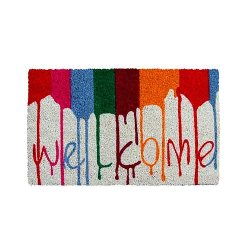 Colourful Multi Colour  Holi Theme "Welcome" Printed Natural Coir Entrance Mat - OnlyMat