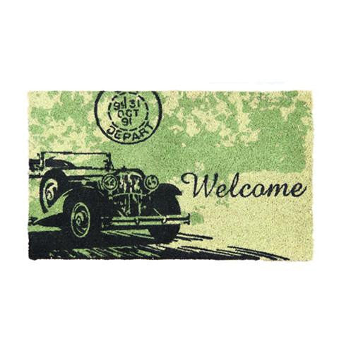 A rectangular natural coir door mat with a vintage car print and the word 'WELCOME' in bold letters.