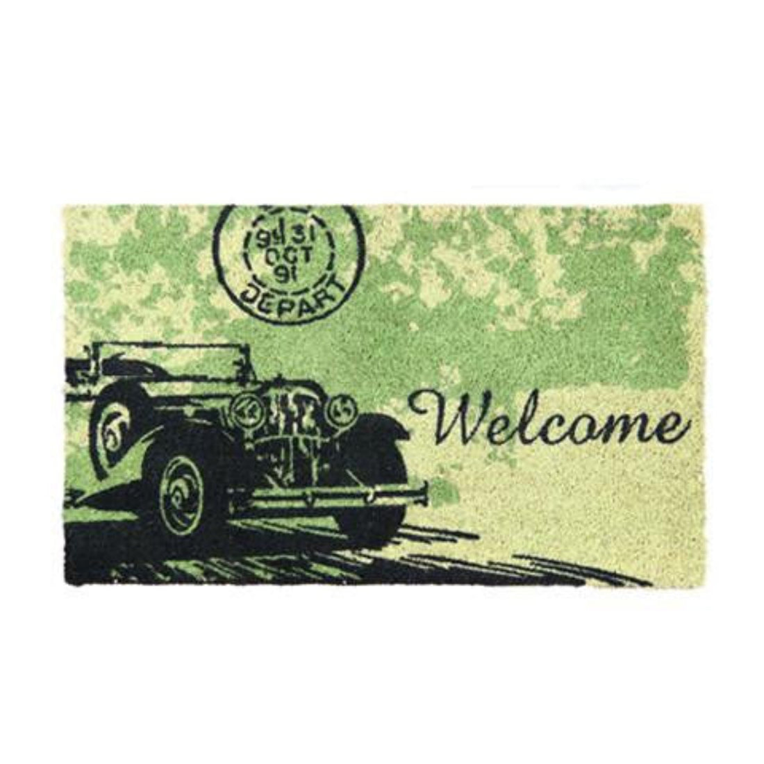 A rectangular natural coir door mat with a vintage car print and the word 'WELCOME' in bold letters.