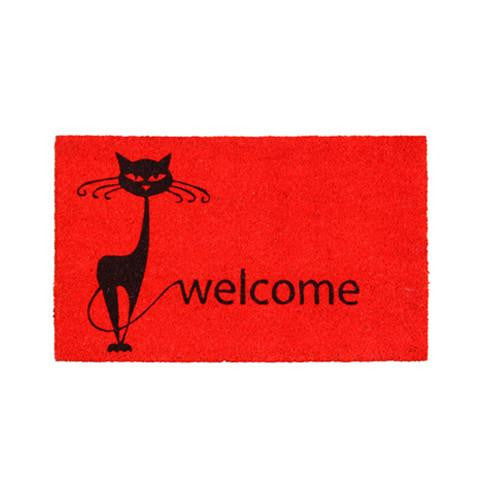 A rectangular red natural coir door mat with a black silhouette of a cat and the word 'Welcome' printed on it.