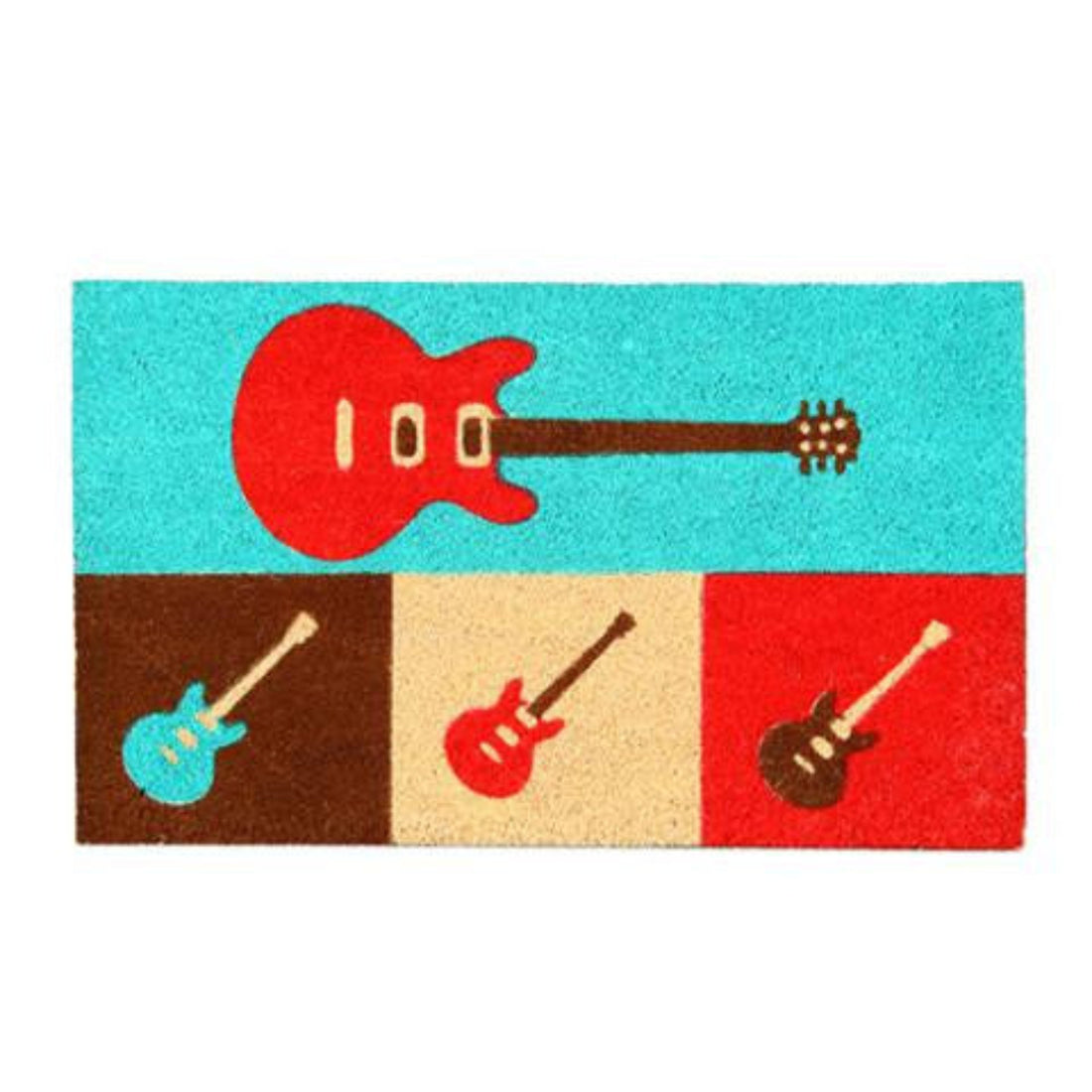 A rectangular coir doormat with a printed design featuring a red guitar and a brown pick, set against a blue background.