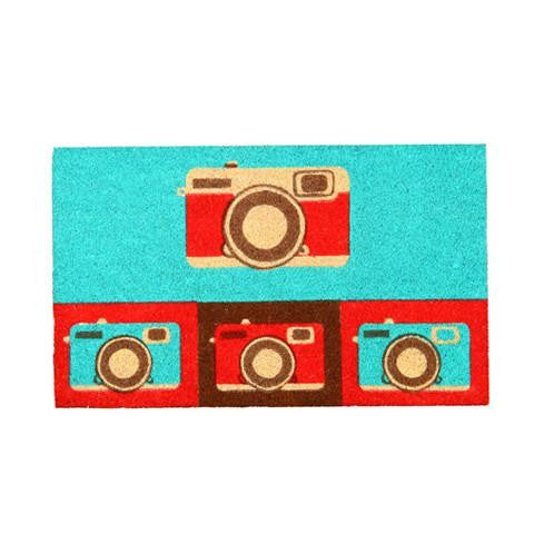 Colourful Red and Light Blue Retro Camara Printed Natural Coir Floor Mat - OnlyMat