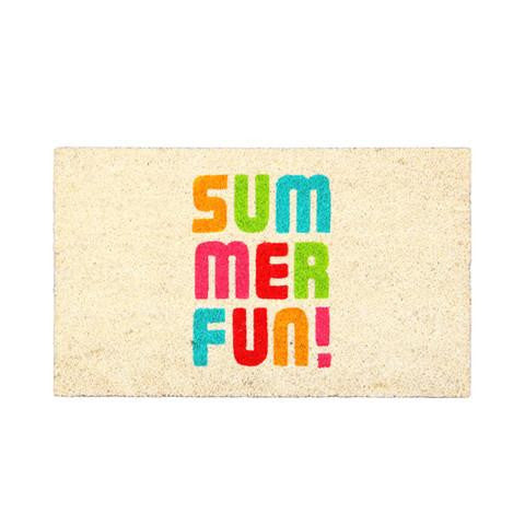 A rectangular natural coir doormat with the text 'Summer Fun!' printed in colorful letters.