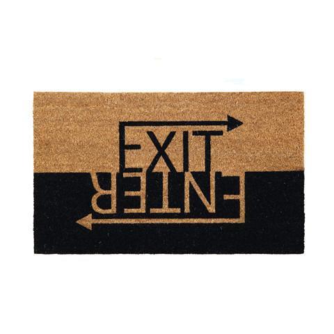 Rectangular coir doormat with black enter and exit text with a directional arrow on it.
