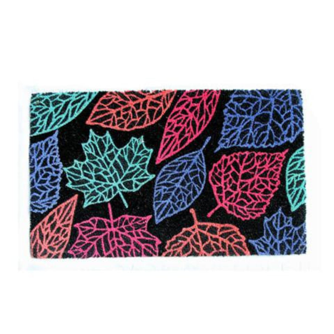 A rectangular doormat with a multicoloured leaf pattern on a black background with an anti-slip backing.