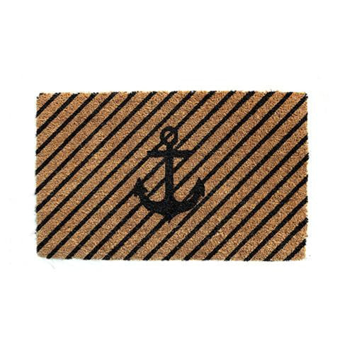 Rectangular natural coir floor mat with a printed design of a ship anchor in black on a beige background.