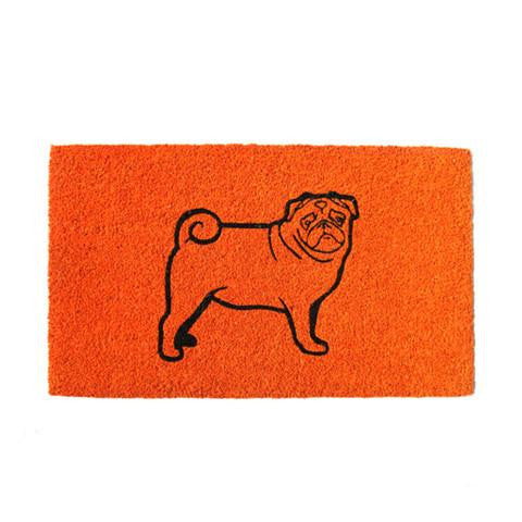 An orange rectangular coir mat with a printed design of a cute pug dog.