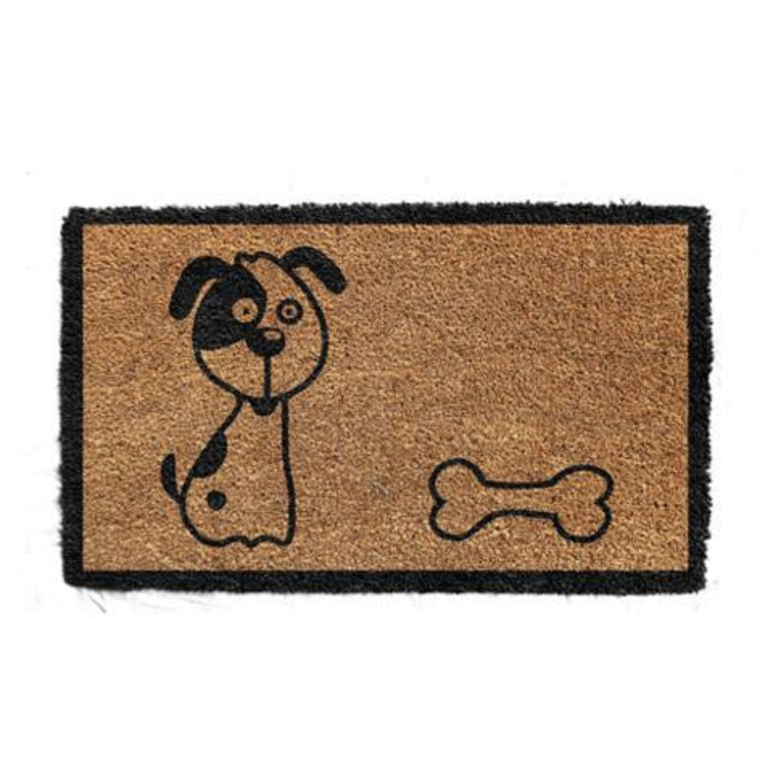 Rectangular natural coir floor mat with a printed design of a cute puppy and a bone on it.