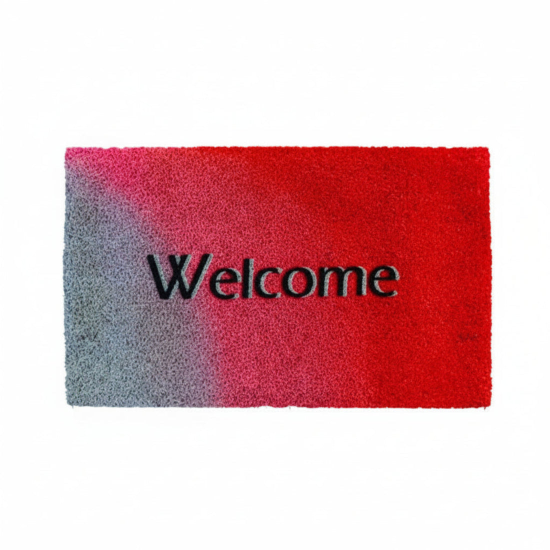 A rectangular natural coir entrance mat with a red border and the word 'Welcome' printed in black.