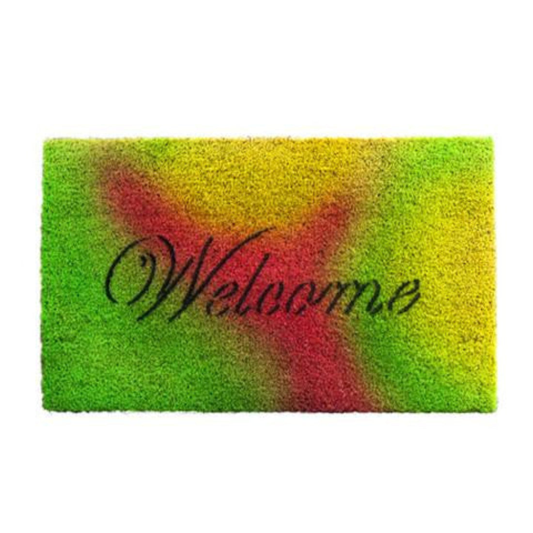 A multicoloured natural coir doormat with the word 'Welcome' printed in a large, elegant black script, surrounded by a colourful border of green, red, and yellow.