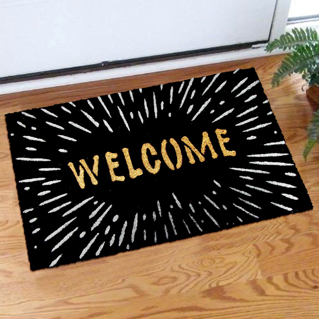 
                      
                        Elegant "Welcome" Printed Glittering Starry Sky Natural Coir Black Door Mat - OnlyMat
                      
                    