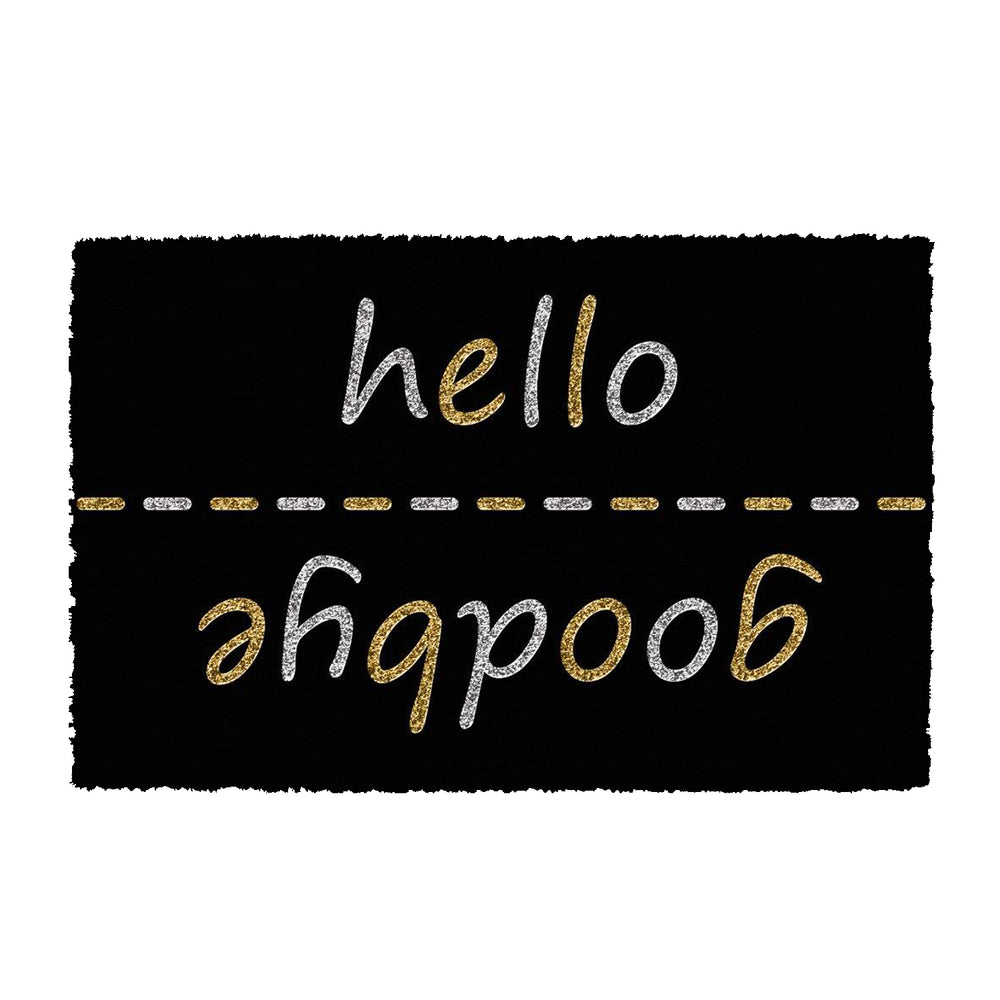 Elegant Black "Hello, Goodbye" printed Natural Coir Glitter Door Mat - OnlyMat