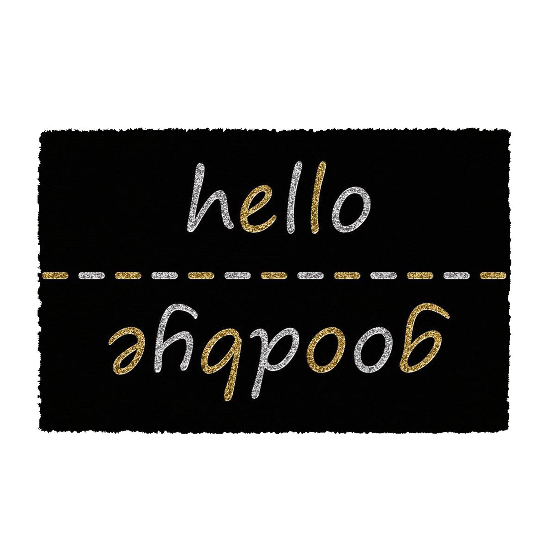 A rectangular black door mat with the text 'Hello Goodbye' in a stylised font, featuring a glitter effect on the letters.