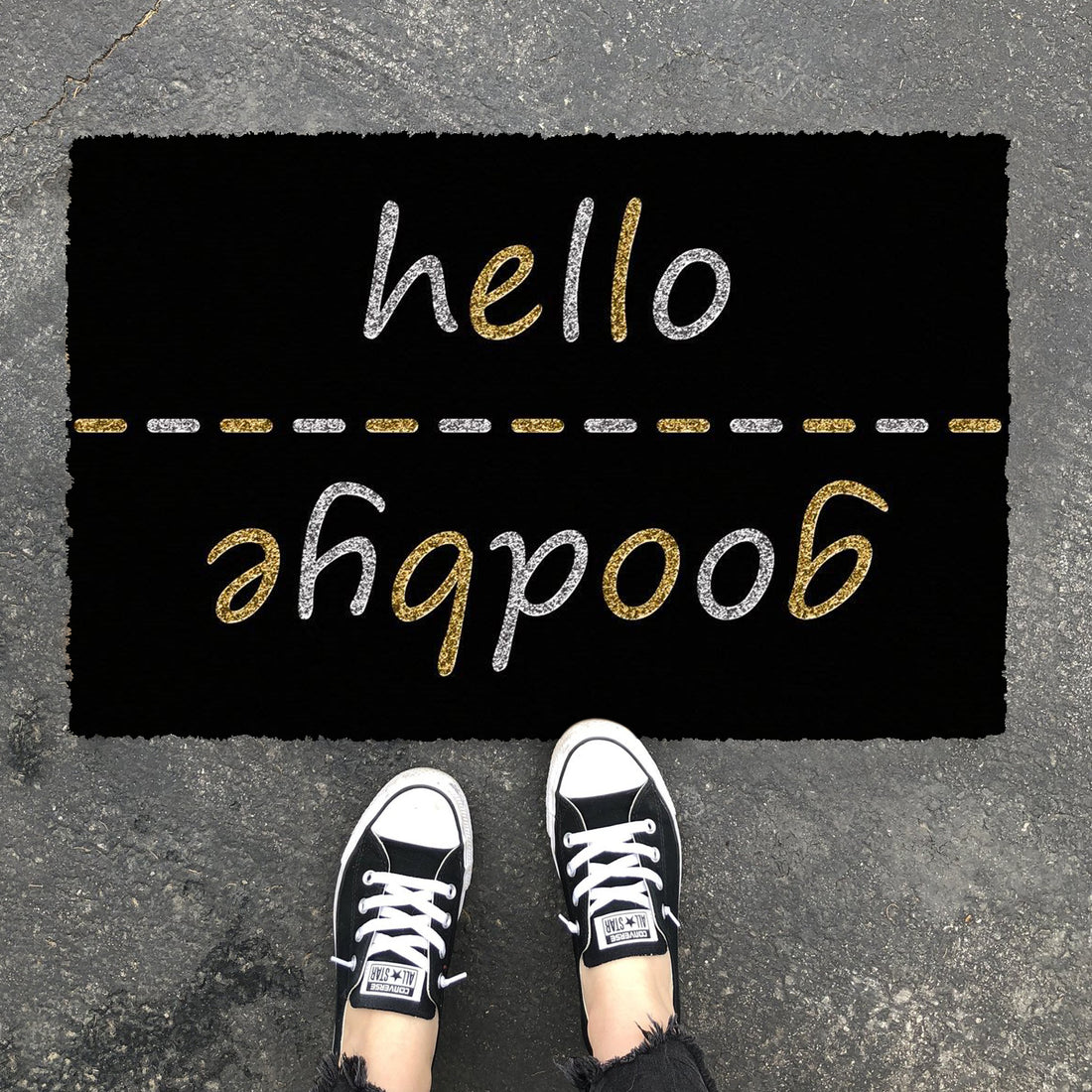 Elegant Black "Hello, Goodbye" printed Natural Coir Glitter Door Mat - OnlyMat