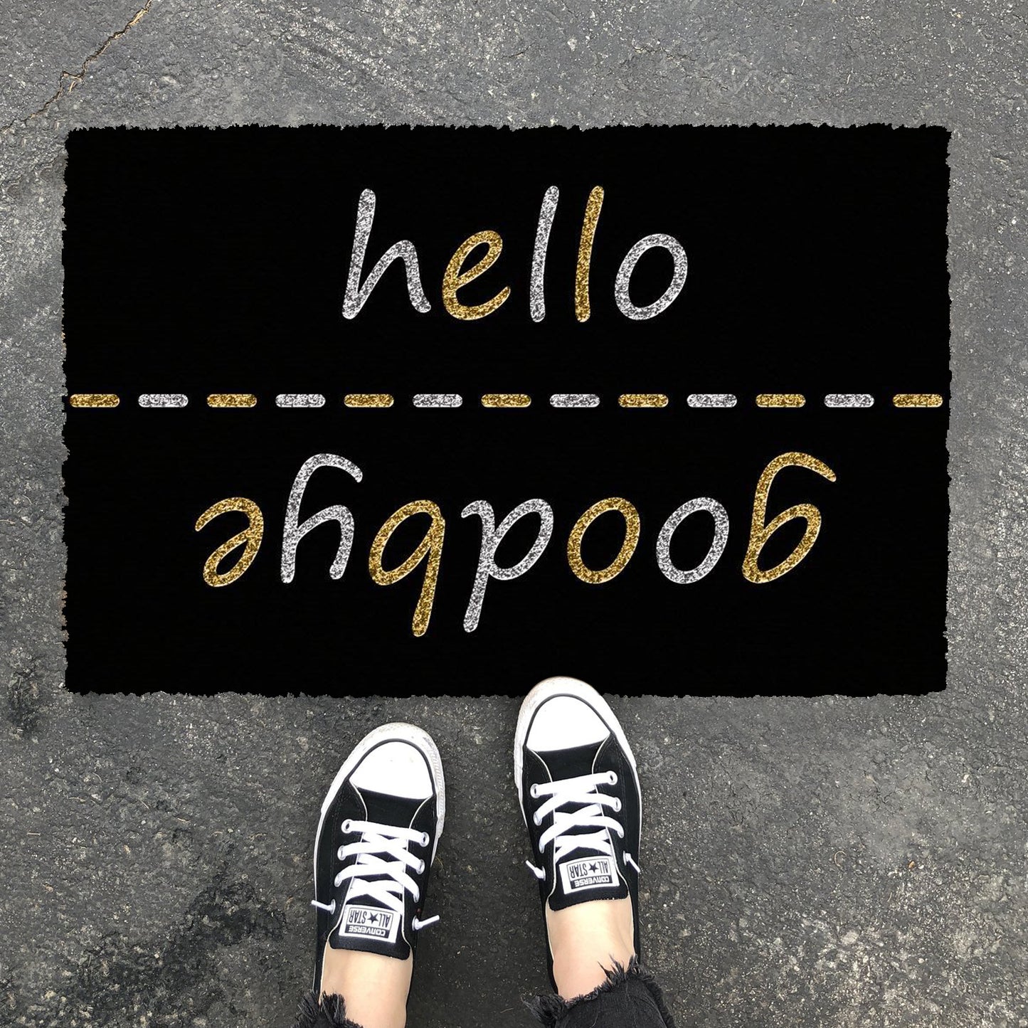 Elegant Black "Hello, Goodbye" printed Natural Coir Glitter Door Mat - OnlyMat