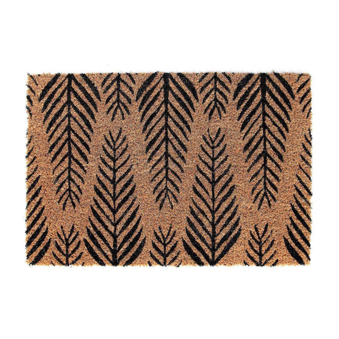Rectangular natural coir floor mat with a black leaf printed design.