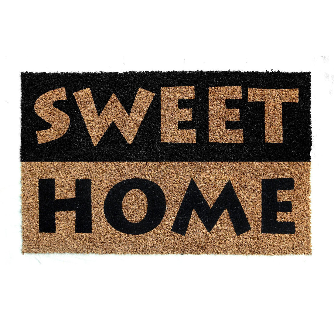 Rectangular natural coir floor mat with the text 'SWEET HOME' printed in black.