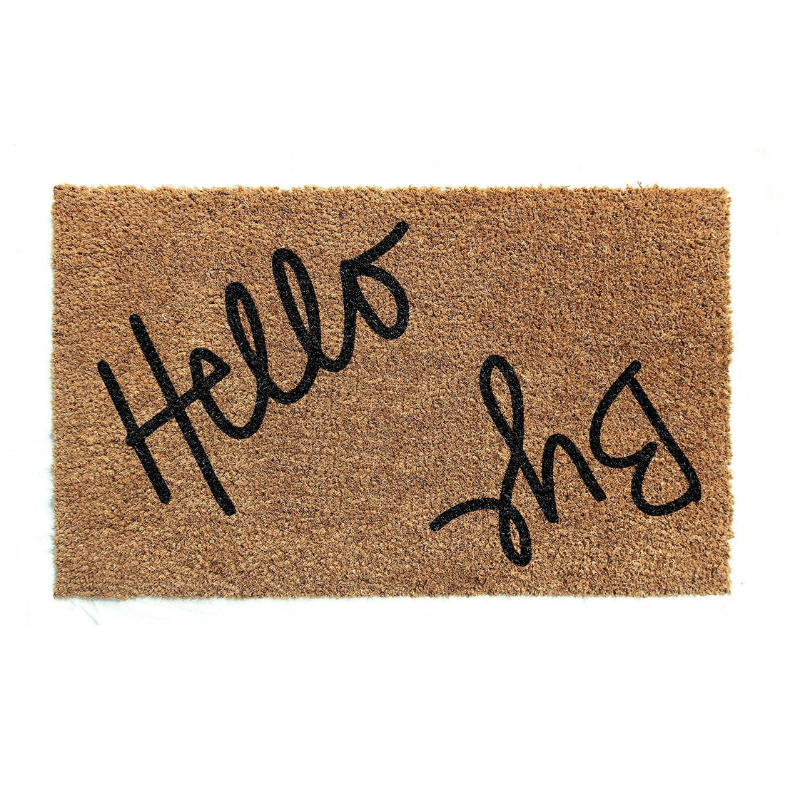 Rectangular natural coir doormat with the text 'Hello', 'Bye' and an ornamental design in black on a beige background.