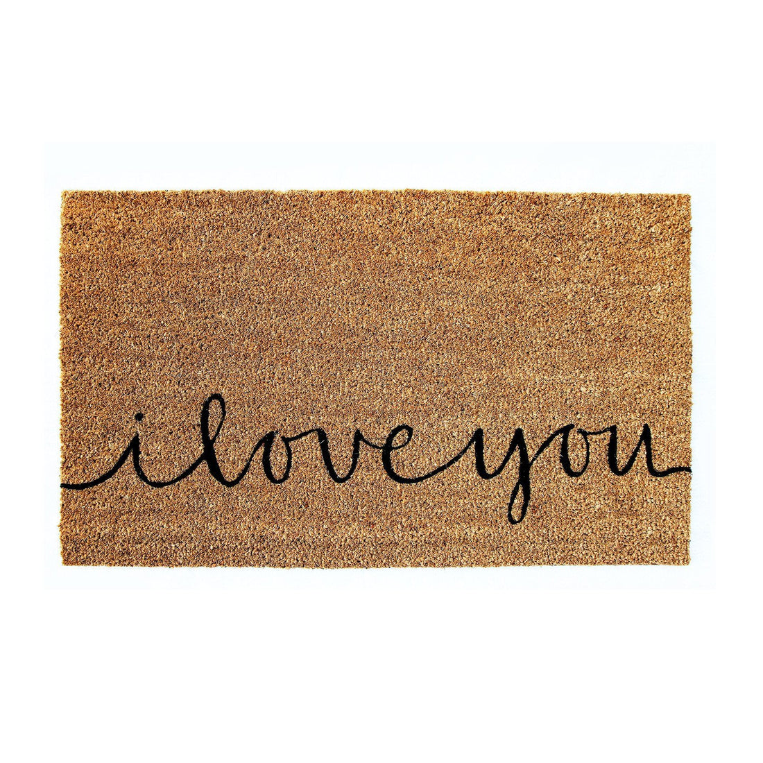 Rectangular natural coir floor mat with the phrase 'I love you' printed in black on the top surface.