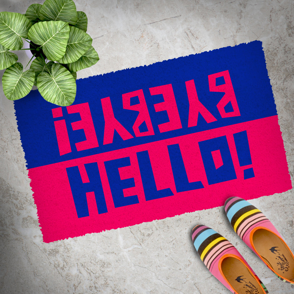 Colourful Blue and Red "Hello, Bye Bye" printed Natural Coir Door Mat - OnlyMat