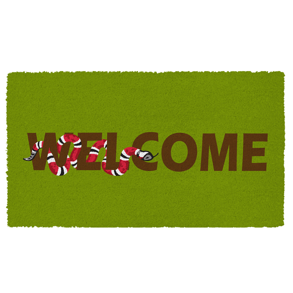 "Welcome" and Snake Printed Green Natural Coir Entrance Mat - OnlyMat