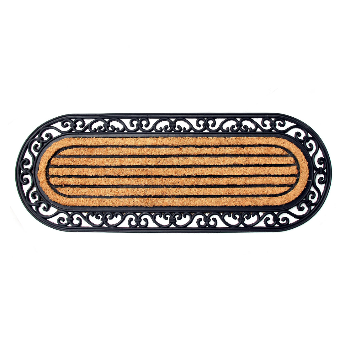 
                      
                        An oval-shaped rubber coir moulded door mat with a decorative black border and striped brown pattern in the centre.
                      
                    