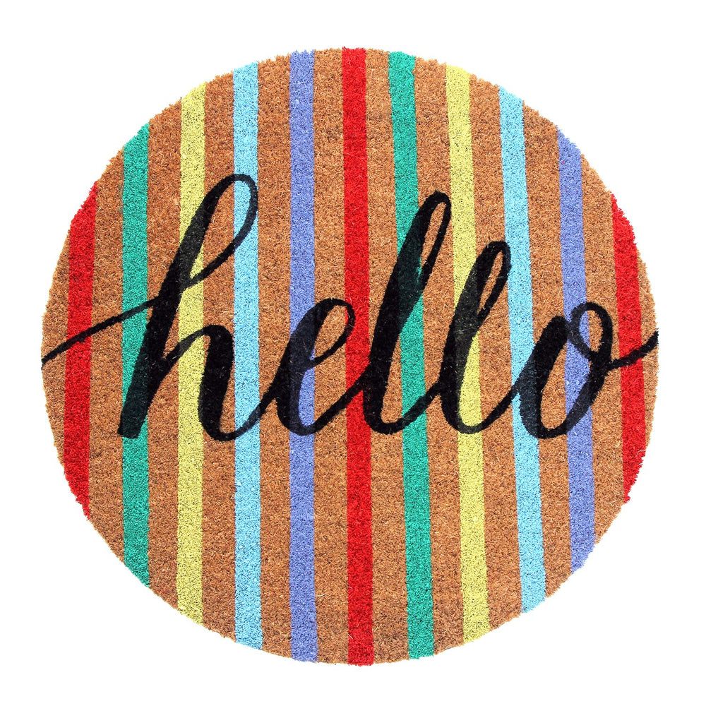 Colourful Multi-Color "Hello" printed Natural Coir Round Shape Mat - OnlyMat