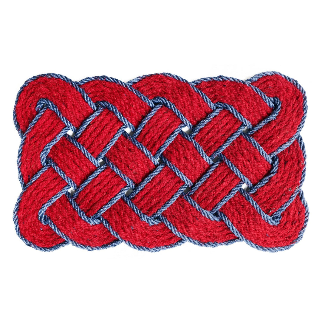 
                      
                        Red and blue braided traditional coir rope knot mat on a white background
                      
                    