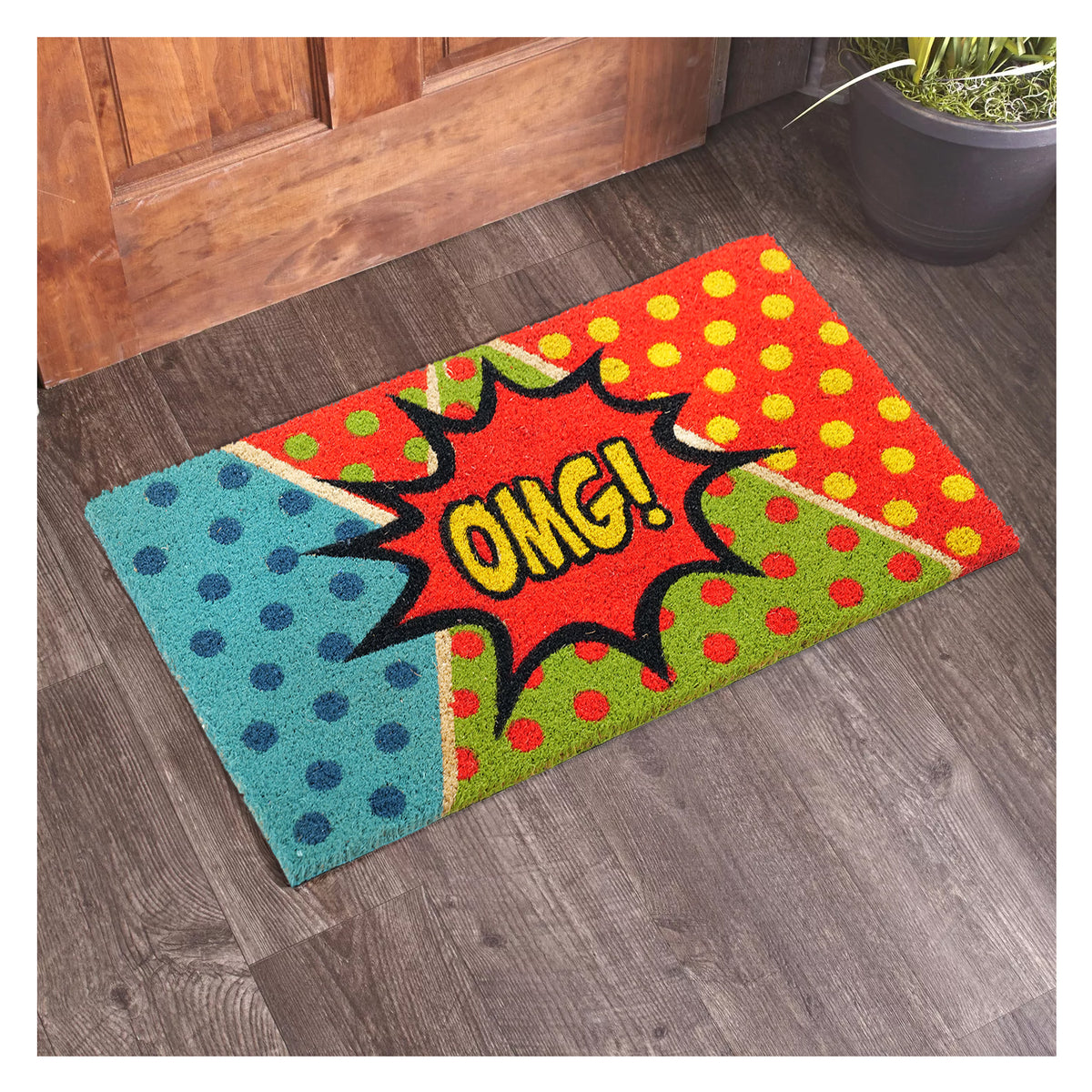 OMG Pop Art Fun Design Printed Blue and Red Natural Coir Door Mat