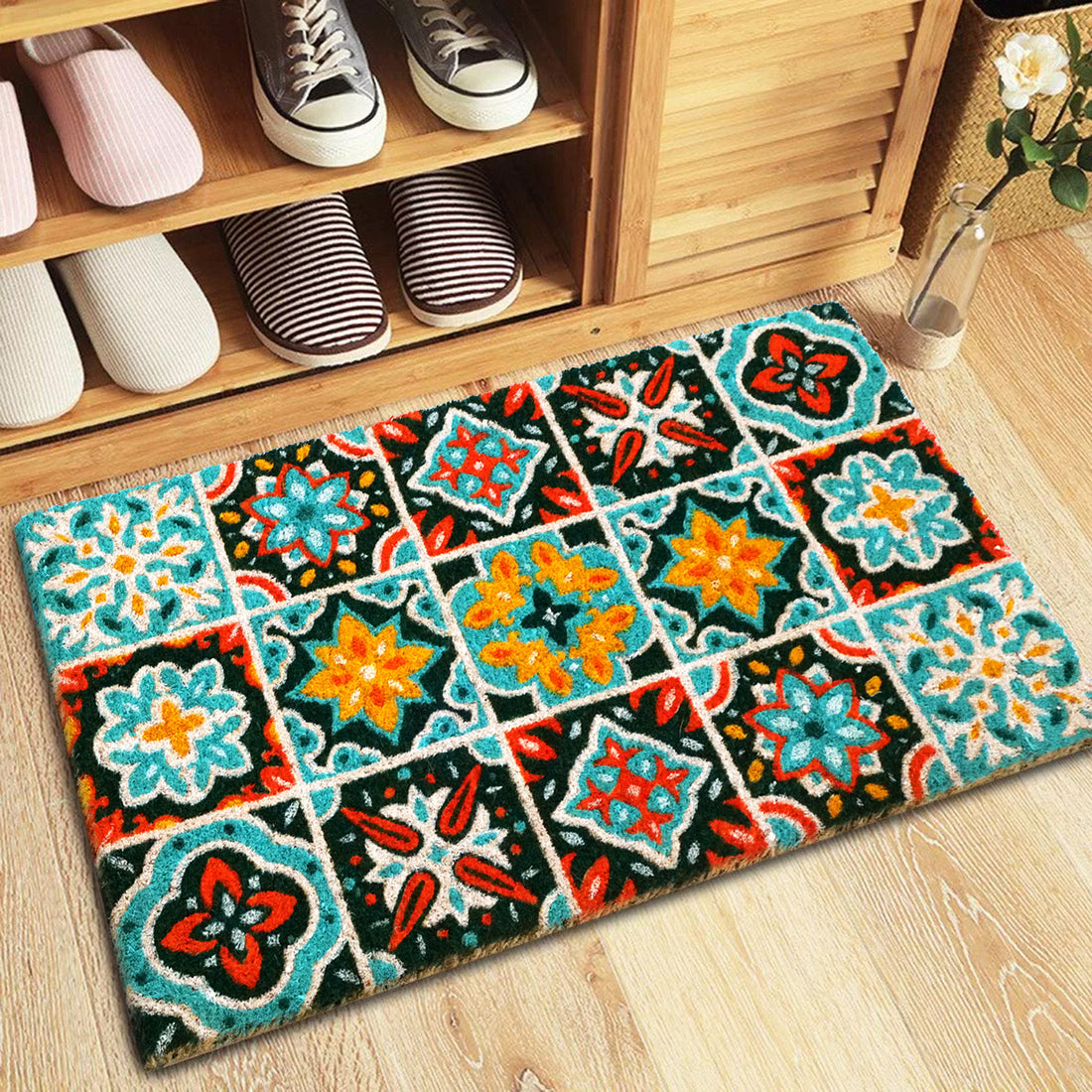 Natural Coir Doormat – Flower Mosaic Tile Pattern – 45x75cm