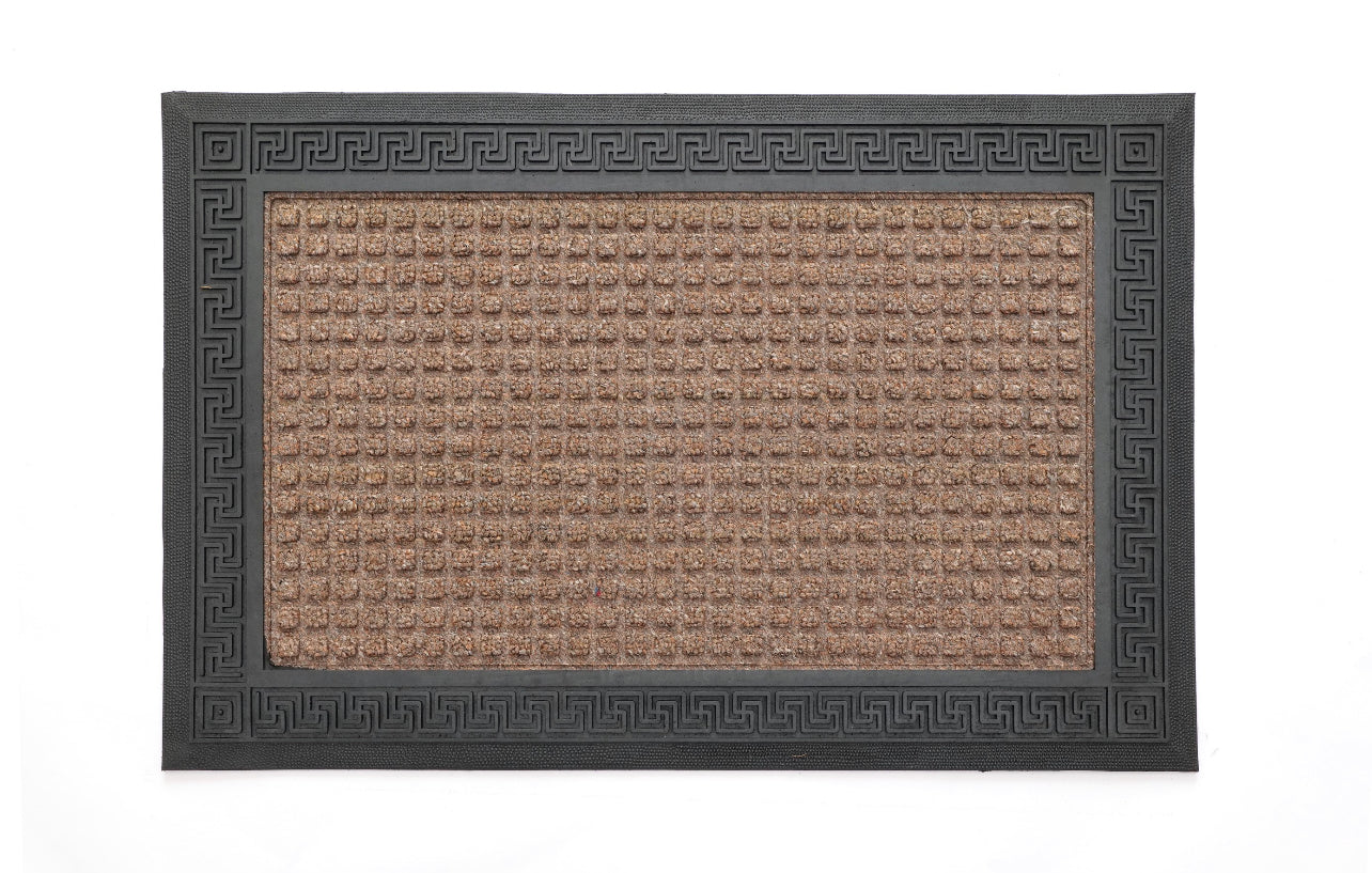 A rectangular beige door mat with an anti-slip backing and a geometric pattern in the frame, designed for bathroom entrance.