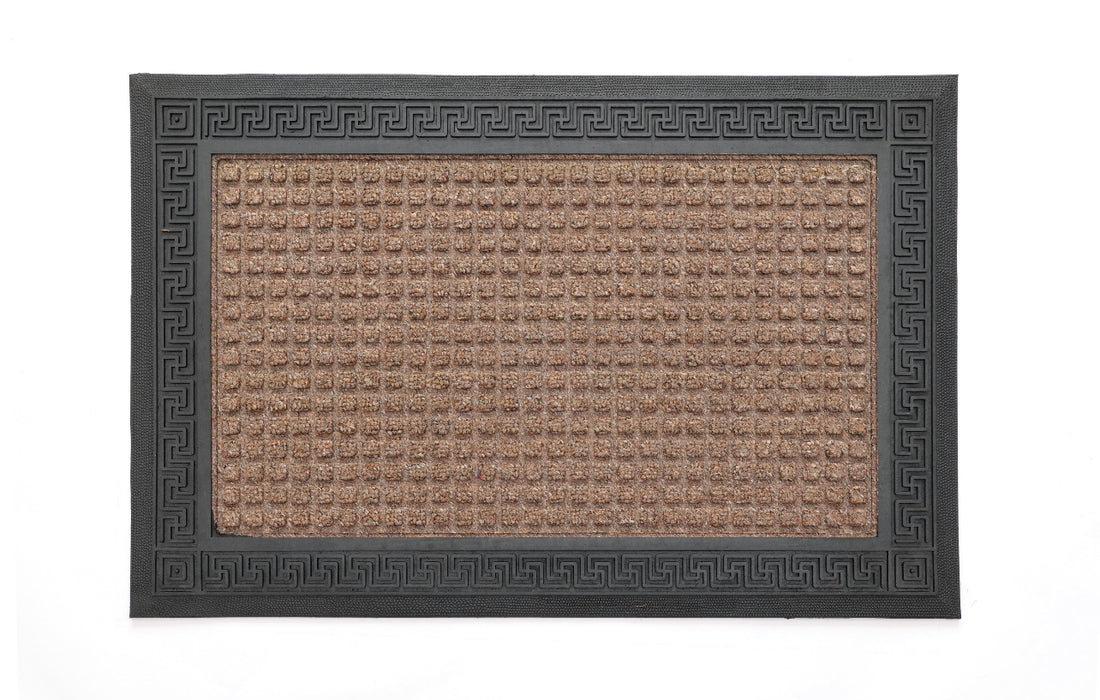 
                      
                        A rectangular beige door mat with an anti-slip backing and a geometric pattern in the frame, designed for bathroom entrance.
                      
                    