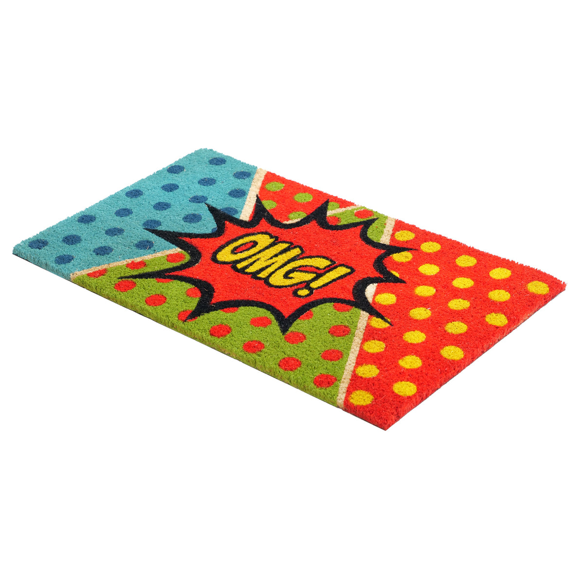 OMG Pop Art Fun Design Printed Blue and Red Natural Coir Door Mat