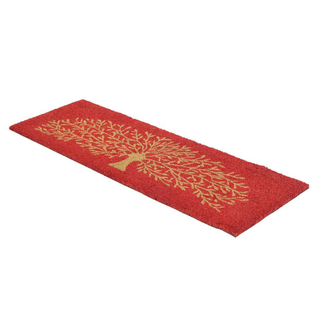 
                      
                        Red coir doormat with a gold tree design on a white background
                      
                    