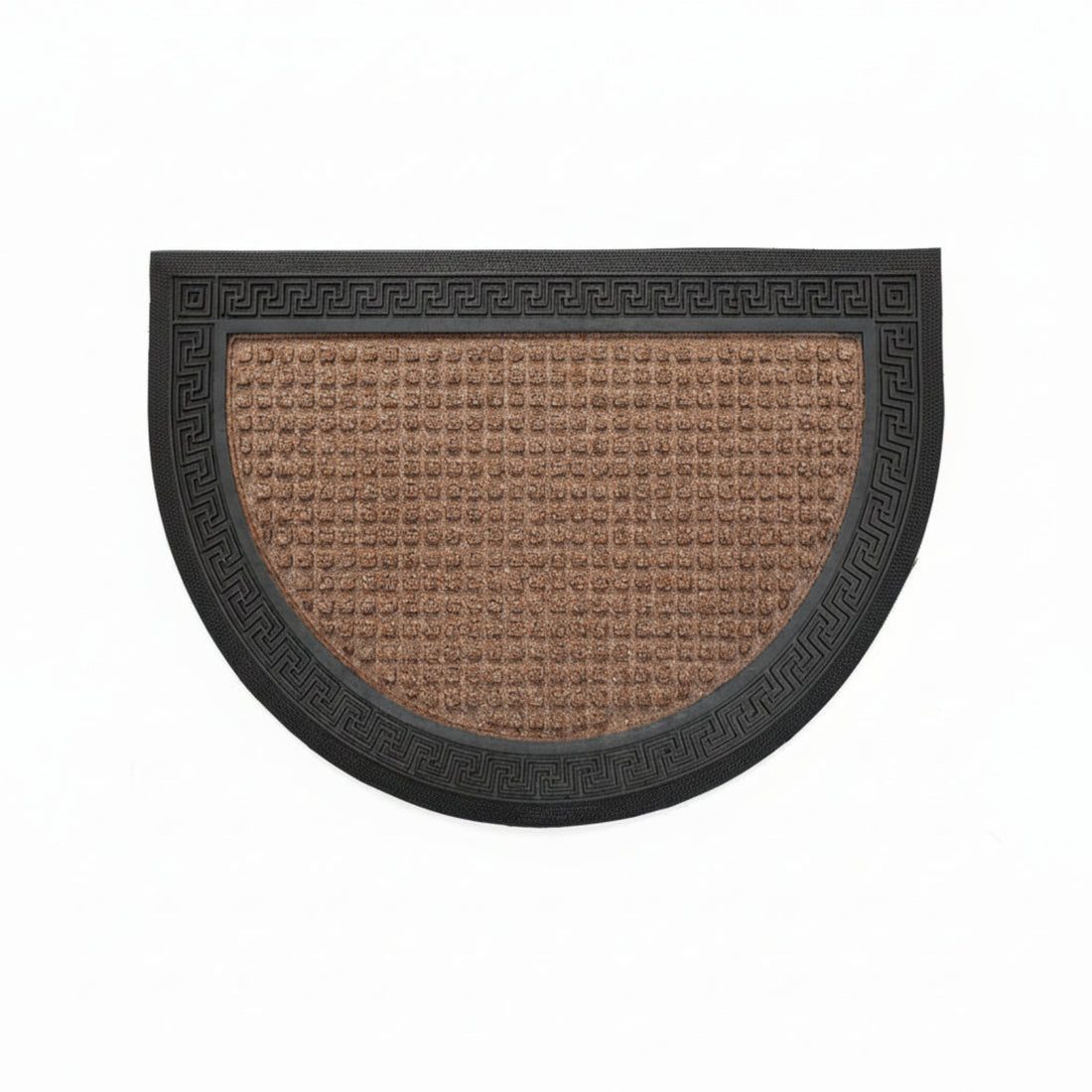 Brown and black half-moon doormat with decorative border on a white background