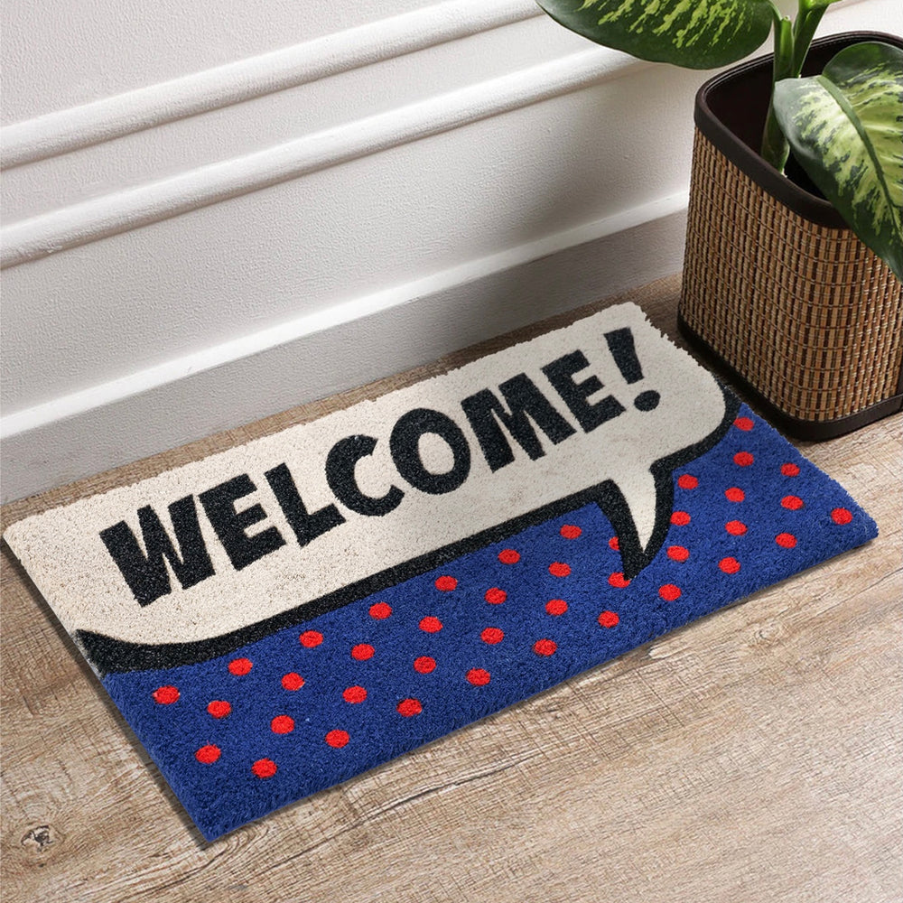 OnlyMat Welcome with Polka Dots Pop Art Fun Design Printed Blue and Red Natural Coir Door Mat