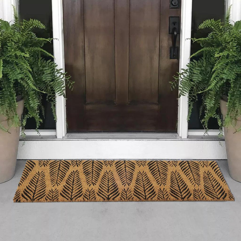 OnlyMat Pine Leaf printed Natural Coir Entrance Door mat for Double Door or Wide Door - 40cm x 120cm