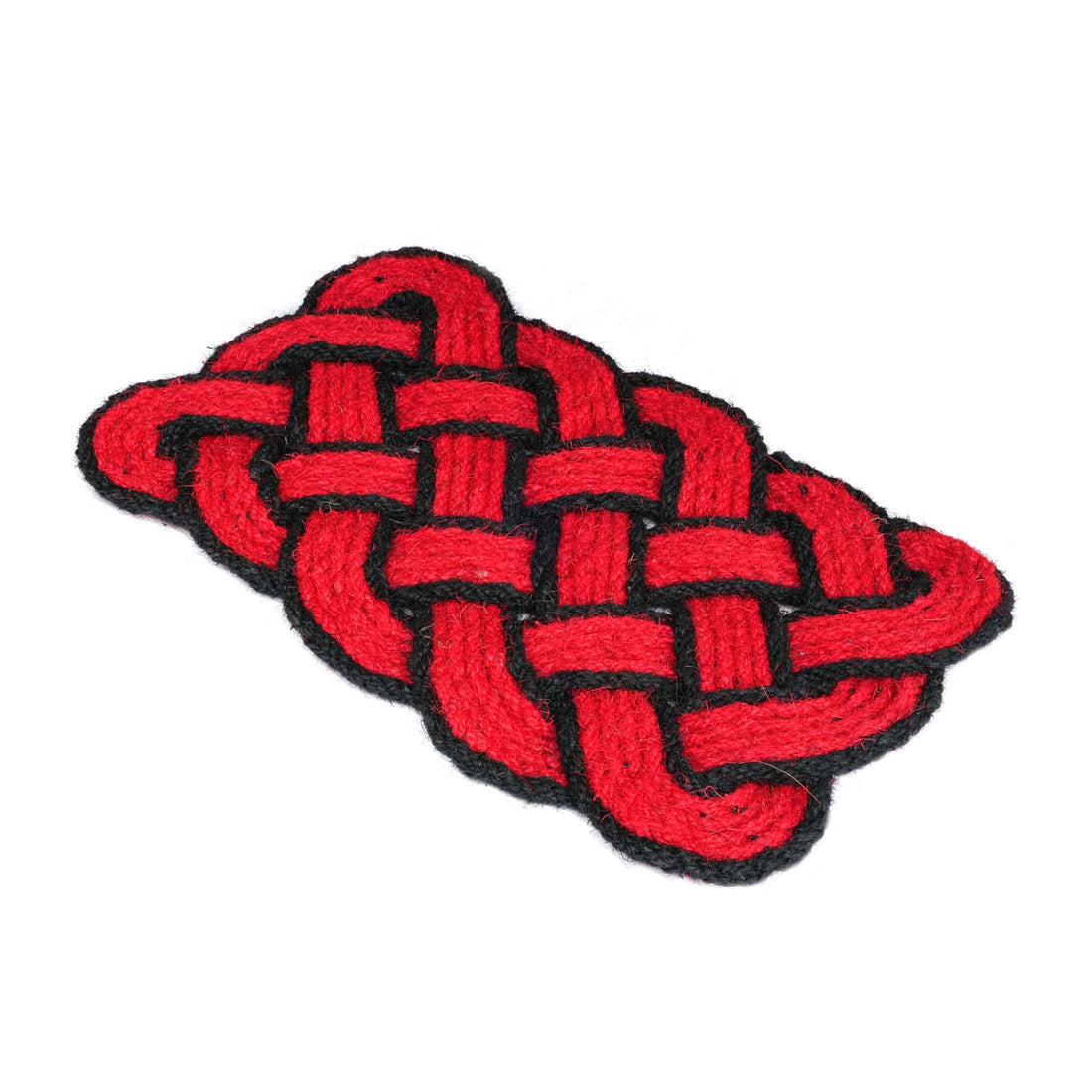 Red and black traditional braided coir knot mat on a white background