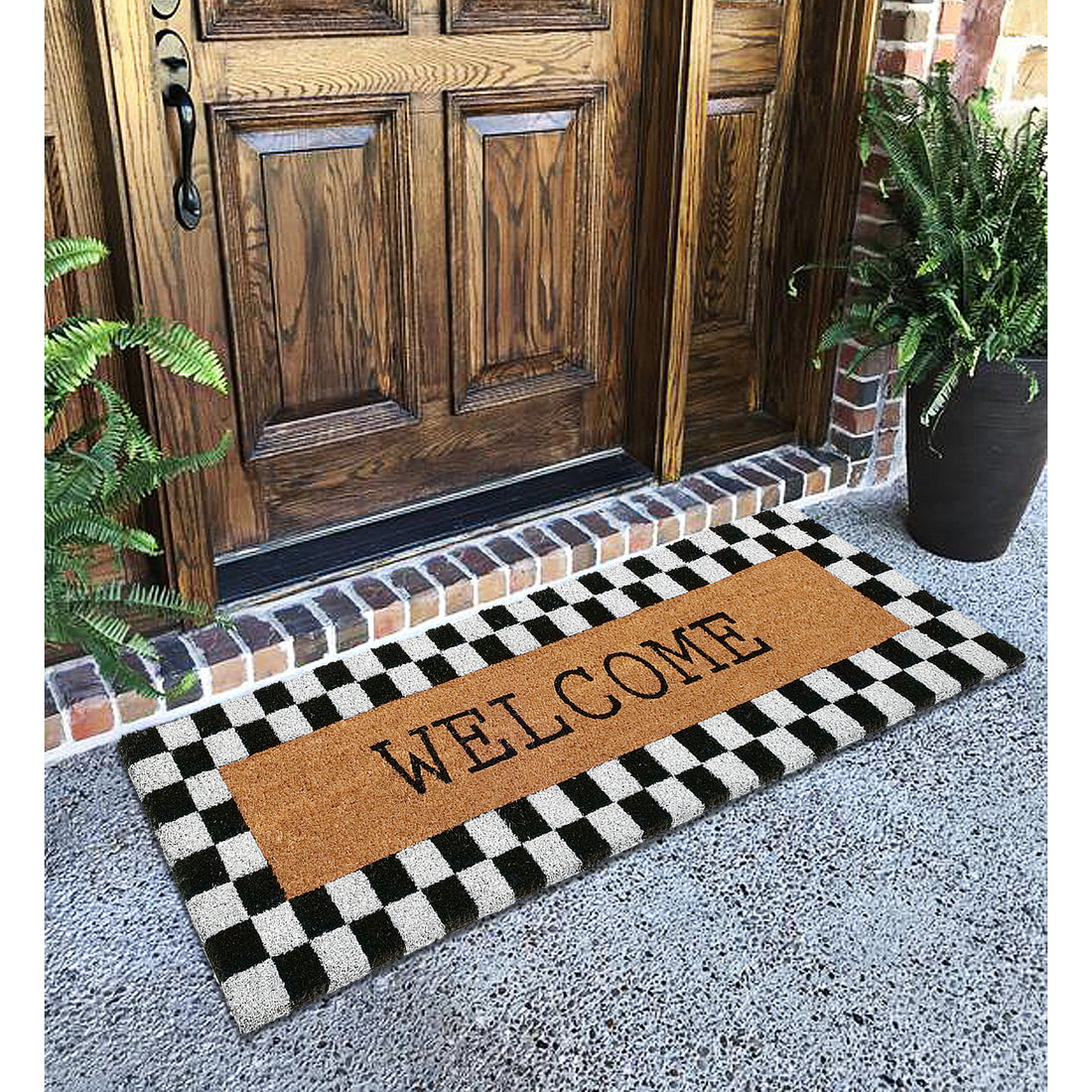 OnlyMat Welcome Black White Plaid Border Natural Coir Doormat