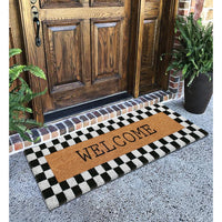 Plaid Border Black & White Pattern Welcome Natural Coir Doormat (120cm x 40 cm)