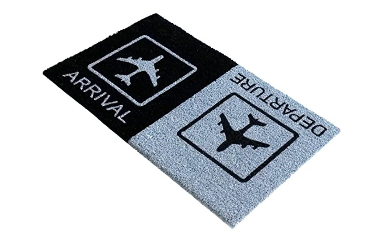 Arrival Departure Printed Natural Coir Black and Grey Entrance Doormat