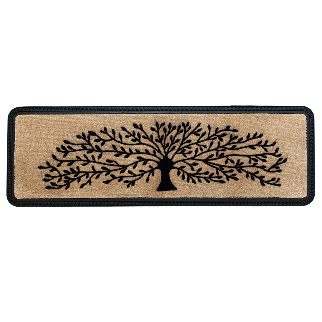 
                      
                        A rectangular beige doormat with a black tree flocked design, featuring an intricate tree pattern.
                      
                    