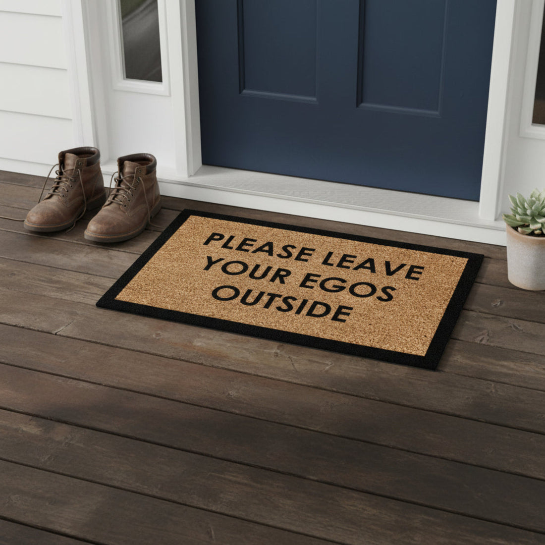 Funny LEAVE YOUR EGOS OUTSIDE Printed Natural Coir Door Mat