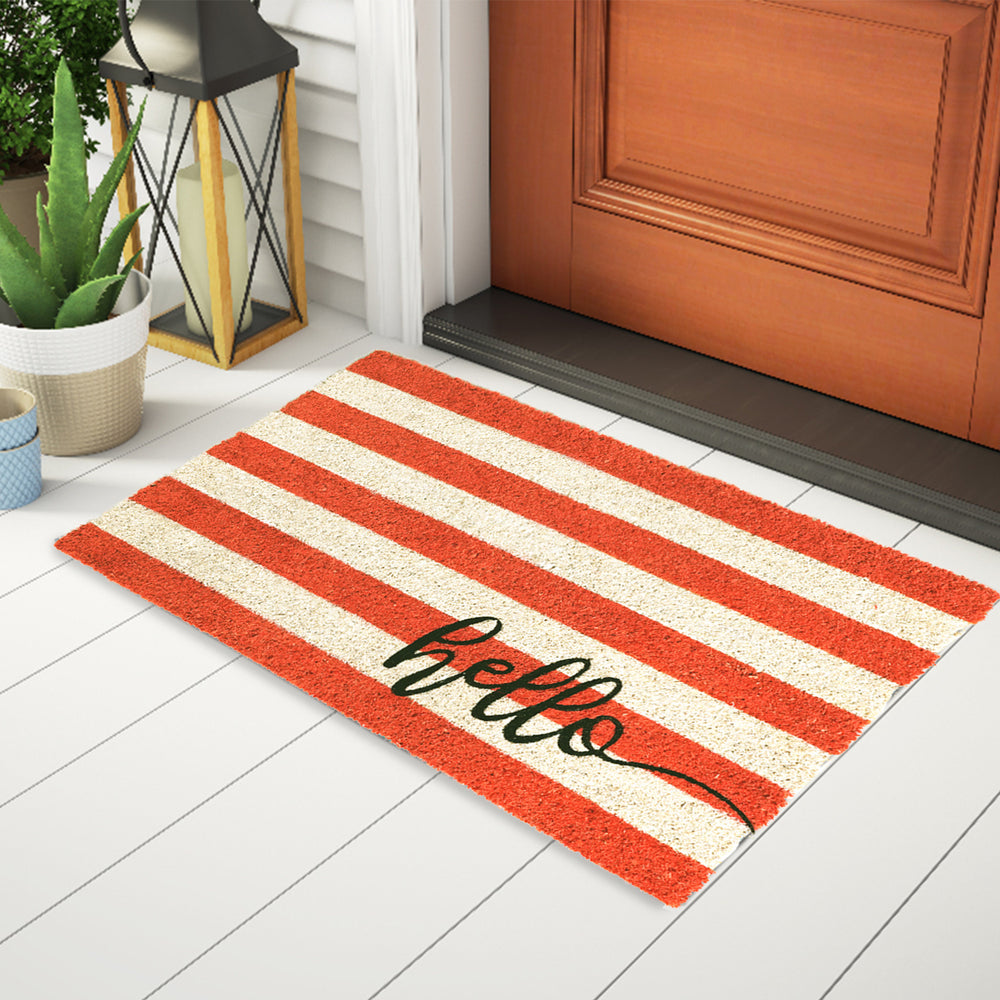 OnlyMat Retro Stripe Hello Printed Natural Coir Entrance Door Mat