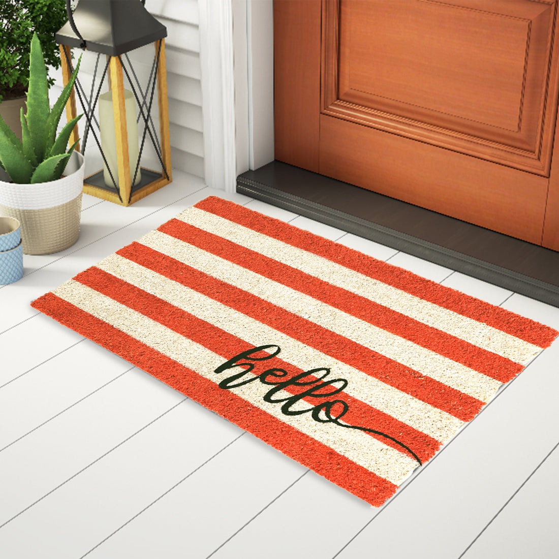 OnlyMat Hello Red Cream Striped Retro Natural Coir Doormat
