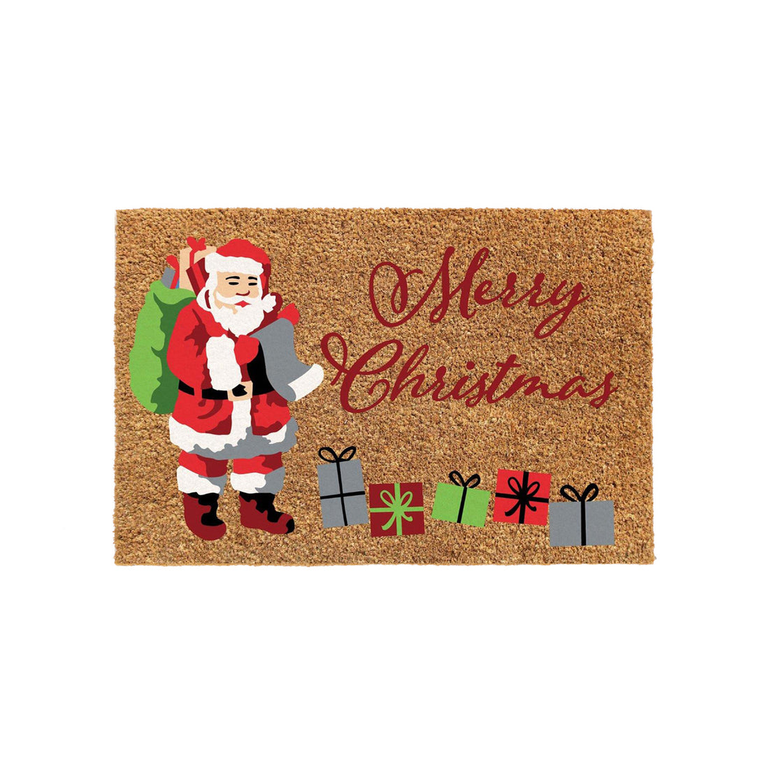 
                      
                        A natural coir doormat with a 'Merry Christmas' theme, featuring an illustration of Santa Claus, gifts, and Christmas decorations.
                      
                    