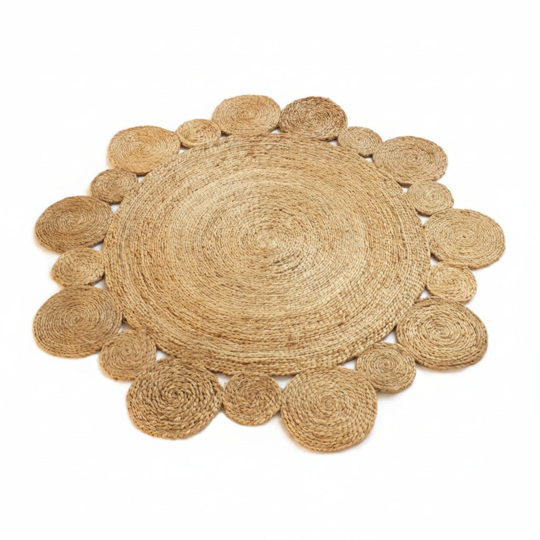 
                      
                        Round woven jute rug with circular patterns on a white background
                      
                    