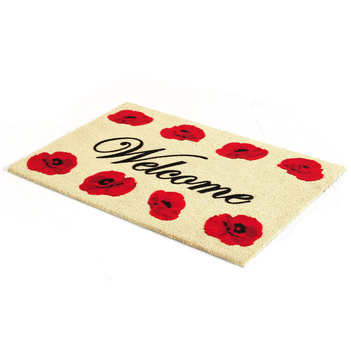 OnlyMat Welcome Flocked with Poppy Flower on 23mm Thick Coir Door mat 60cm x 90cm