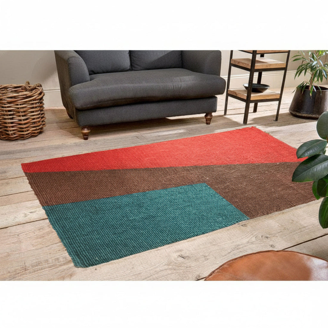 Designer Handwoven Jute Carpet with Red, Green and Brown colour