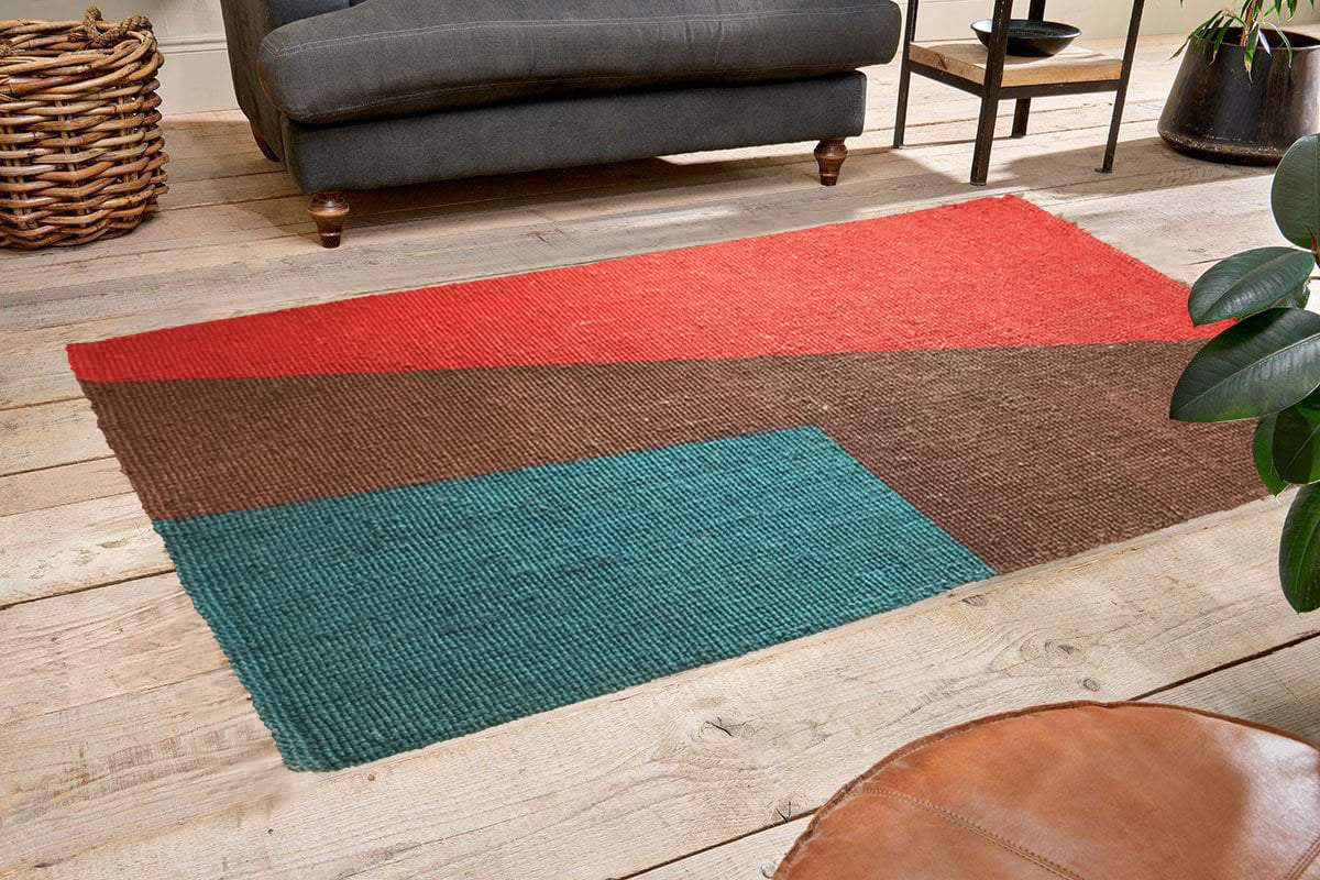 Designer Handwoven Jute Carpet with Red, Green and Brown colour